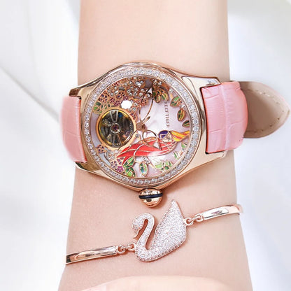 Luxury Diamond Automatic Tourbillon Leather Strap Watch