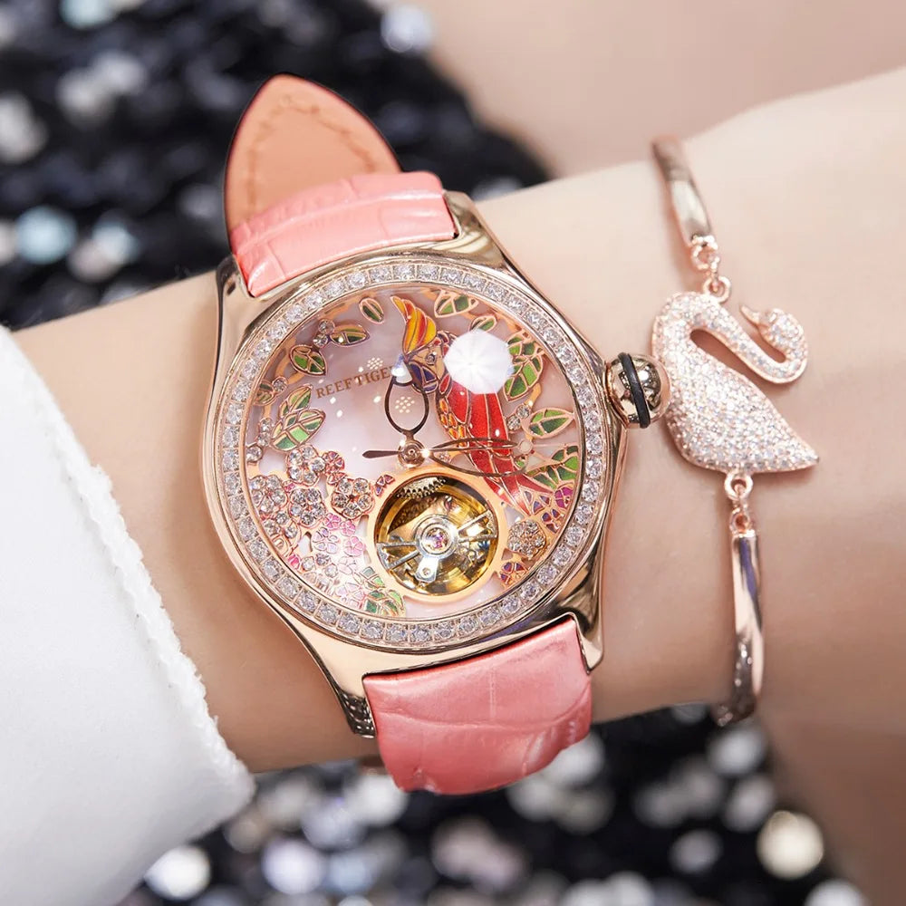 Luxury Diamond Automatic Tourbillon Leather Strap Watch