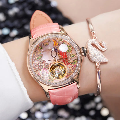 Luxury Diamond Automatic Tourbillon Leather Strap Watch
