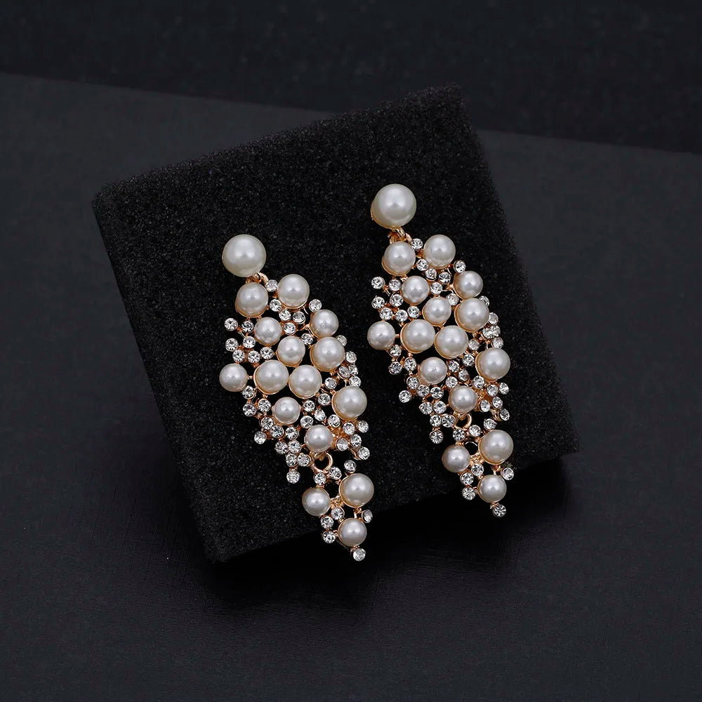 Gold Bridal Drop Simulated Pearl Crystal Statement Earrings