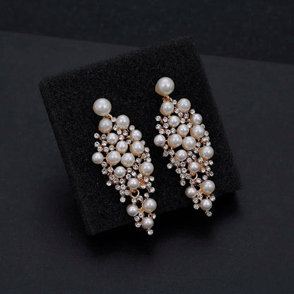 Gold Bridal Drop Simulated Pearl Crystal Statement Earrings