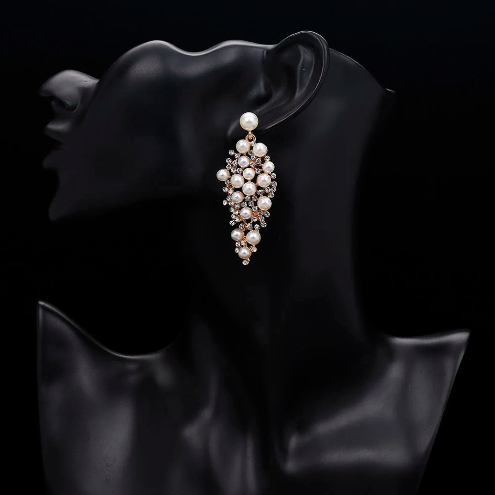 Gold Bridal Drop Simulated Pearl Crystal Statement Earrings