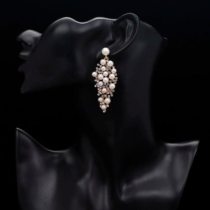 Gold Bridal Drop Simulated Pearl Crystal Statement Earrings