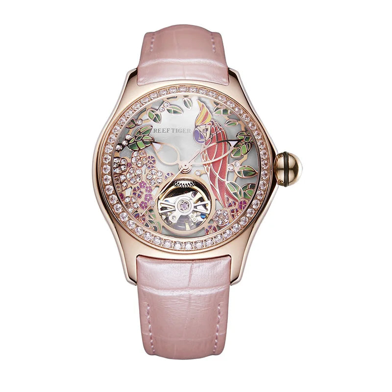 Luxury Diamond Automatic Tourbillon Leather Strap Watch