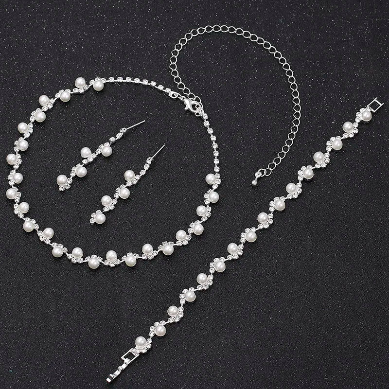 Simulated Pearl Crystal Necklace Jewelry Sets