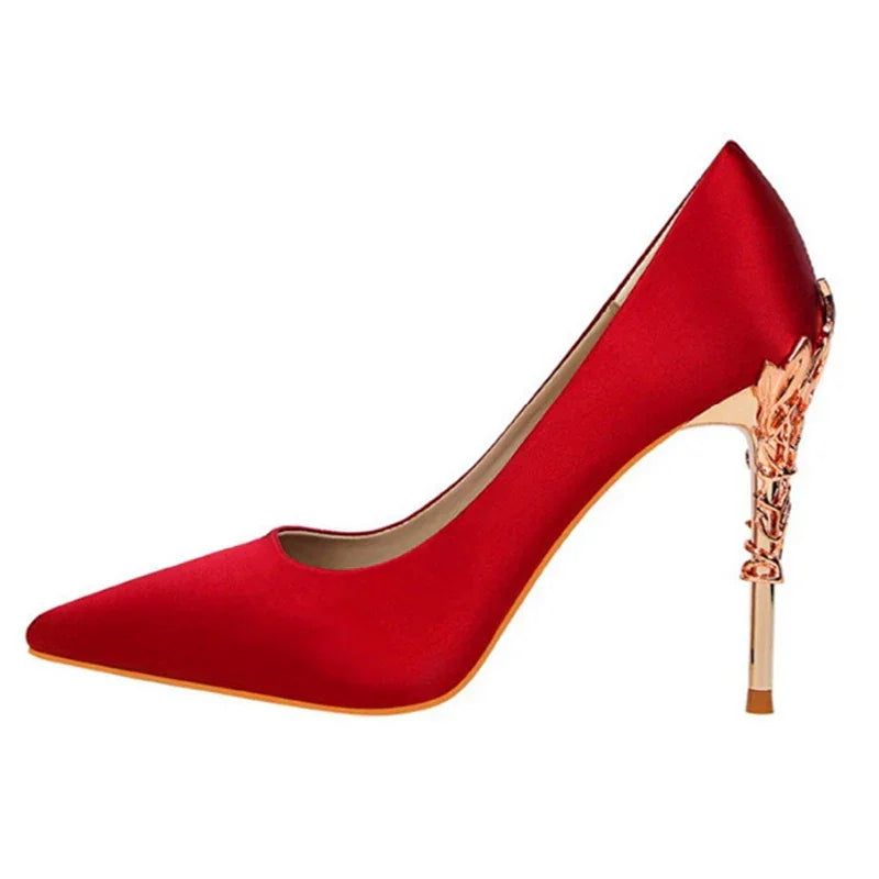 Metal Carved Heel Pumps Solid Silk Pointed Toe Shoes