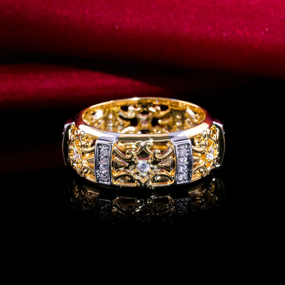 Huitan Strength Gold Band Geometric Cubic Zircon Stone Ring