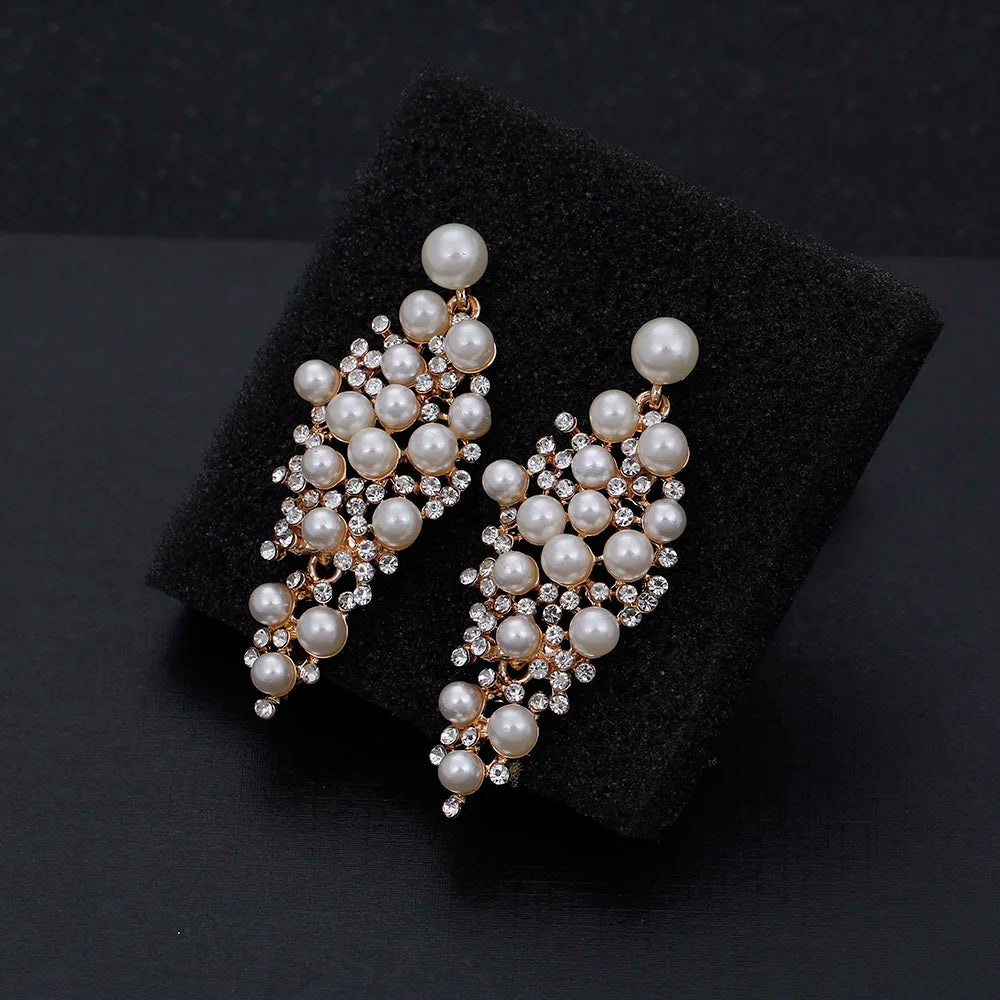 Gold Bridal Drop Simulated Pearl Crystal Statement Earrings