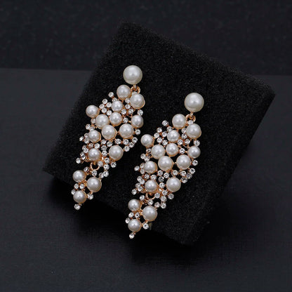 Gold Bridal Drop Simulated Pearl Crystal Statement Earrings