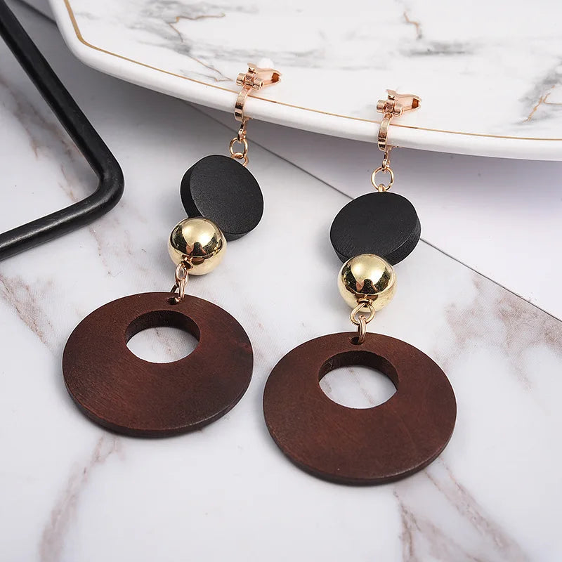 Natural Wood Clip on Geometric Earring