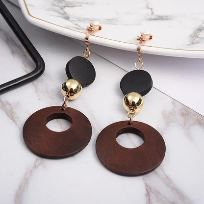 Natural Wood Clip on Geometric Earring