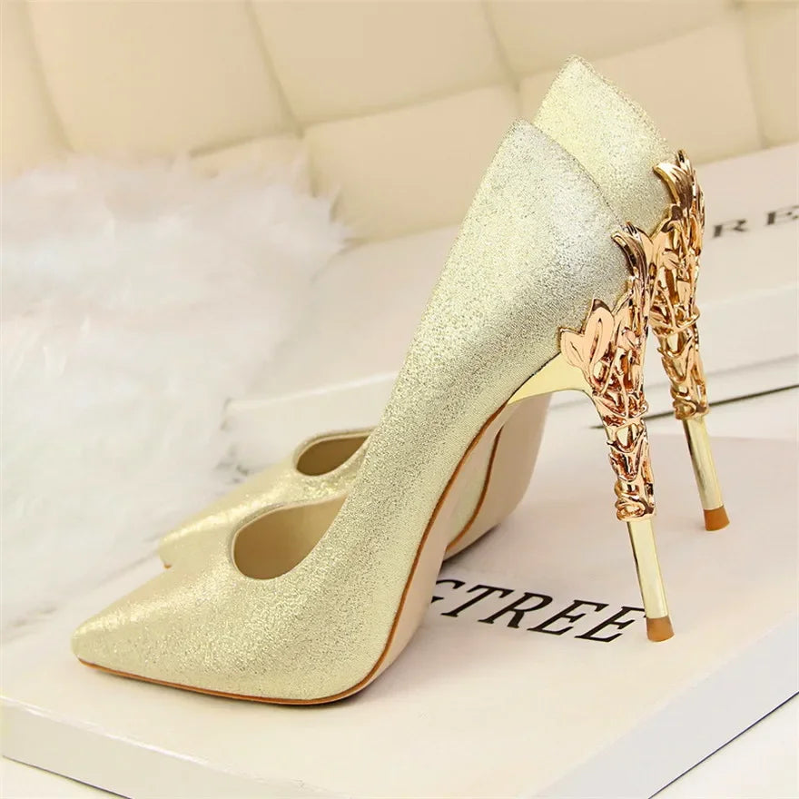 Metal Carved Heel Pumps Solid Silk Pointed Toe Shoes