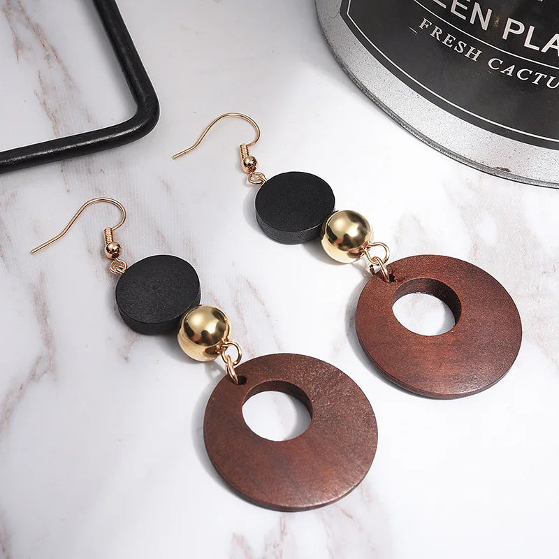 Natural Wood Clip on Geometric Earring