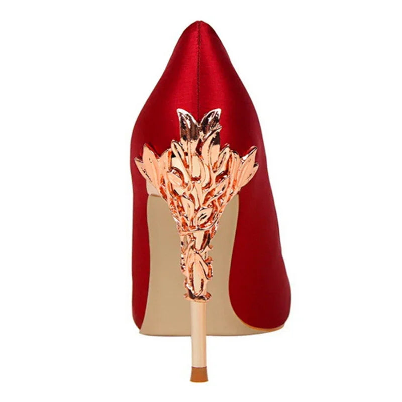 Metal Carved Heel Pumps Solid Silk Pointed Toe Shoes