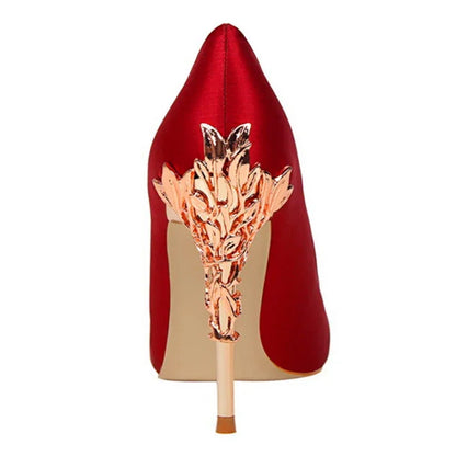 Metal Carved Heel Pumps Solid Silk Pointed Toe Shoes