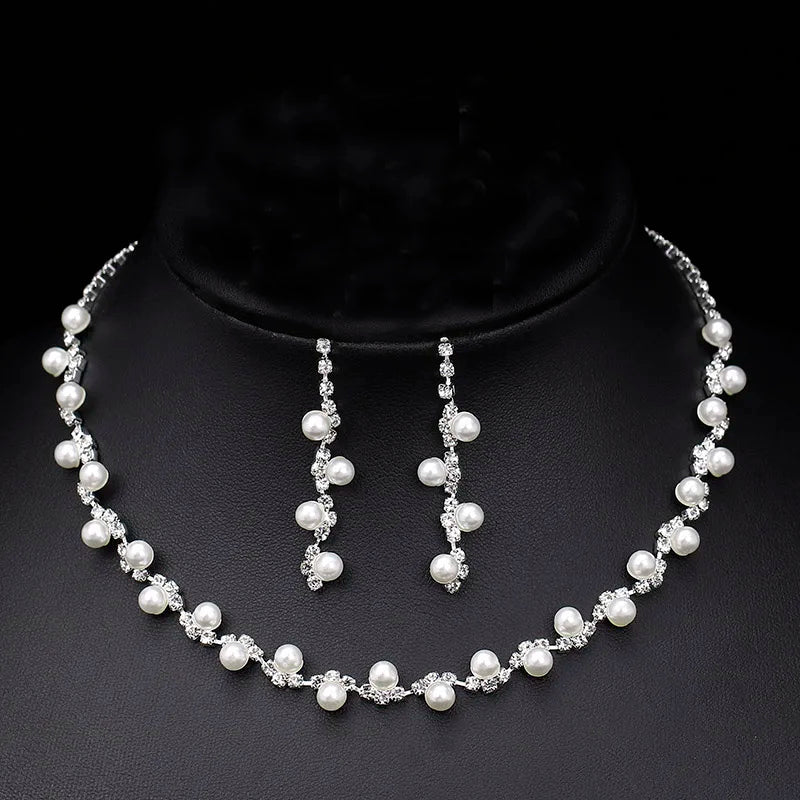 Simulated Pearl Crystal Necklace Jewelry Sets