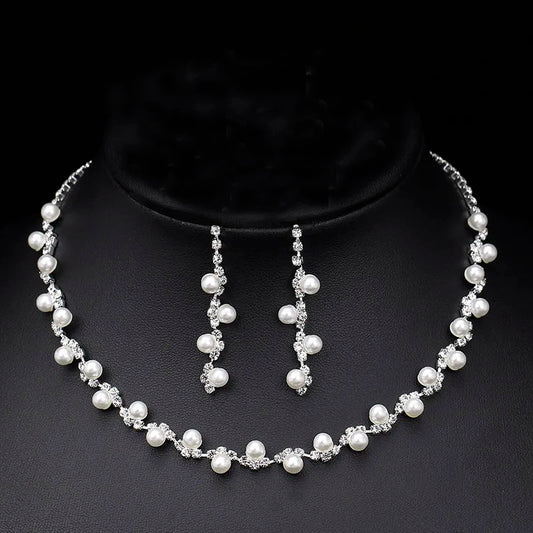Simulated Pearl Crystal Necklace Jewelry Sets