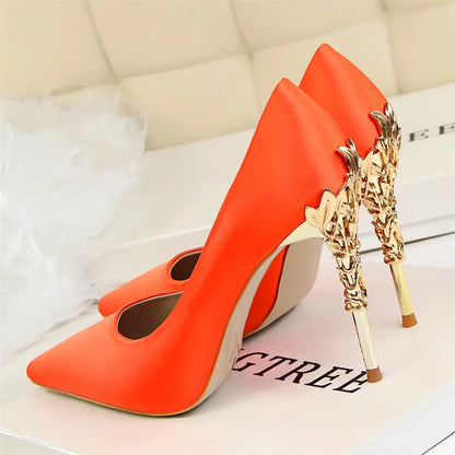 Metal Carved Heel Pumps Solid Silk Pointed Toe Shoes