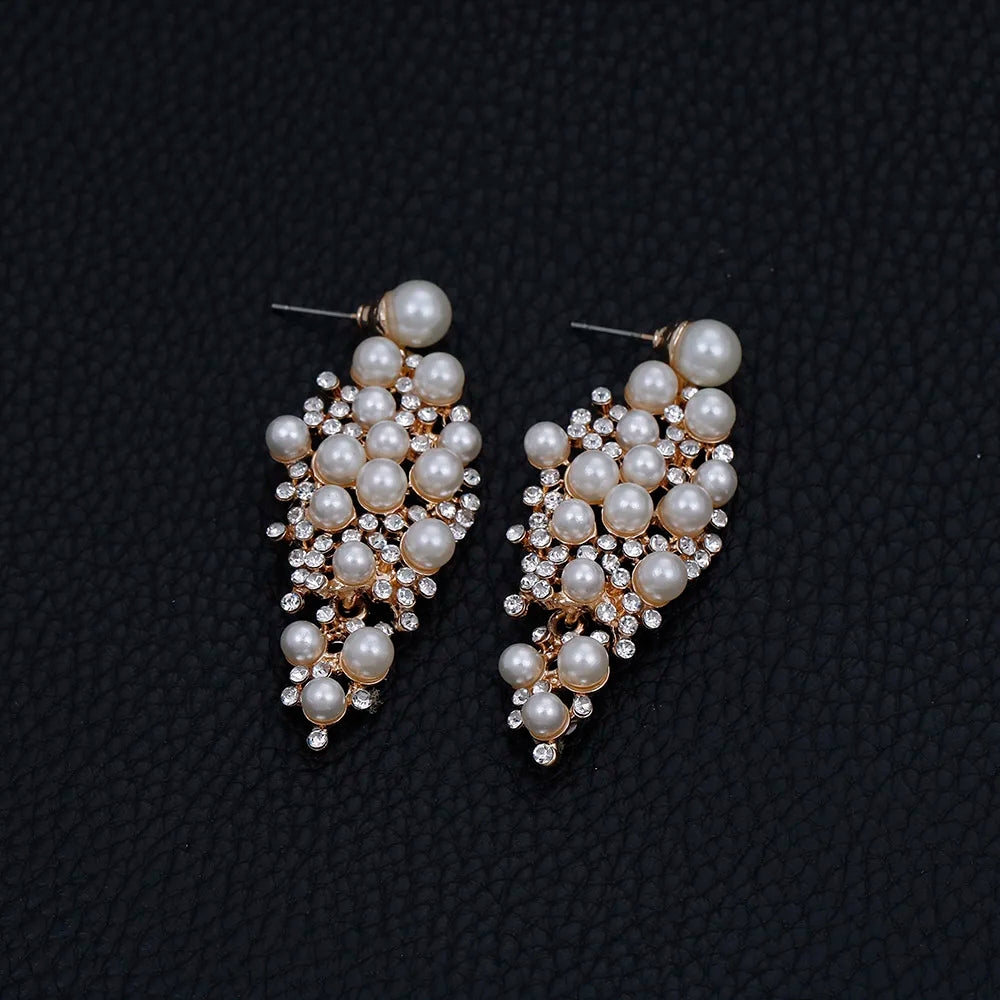 Gold Bridal Drop Simulated Pearl Crystal Statement Earrings