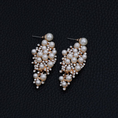Gold Bridal Drop Simulated Pearl Crystal Statement Earrings