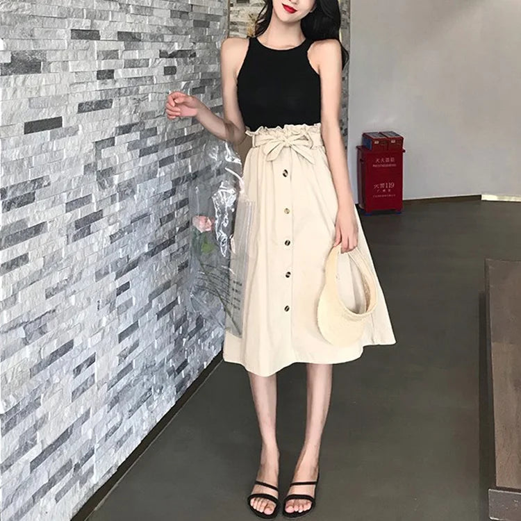 Falda midi coreana elegante de talle alto