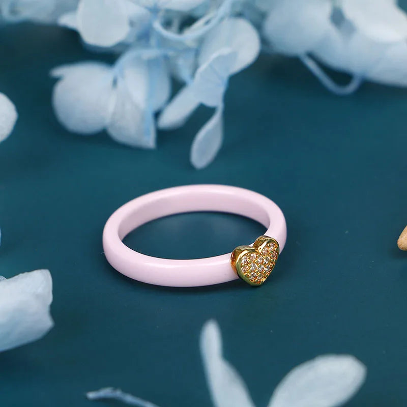 DANA Pink Ceramic Gold Heart Crystal Ring
