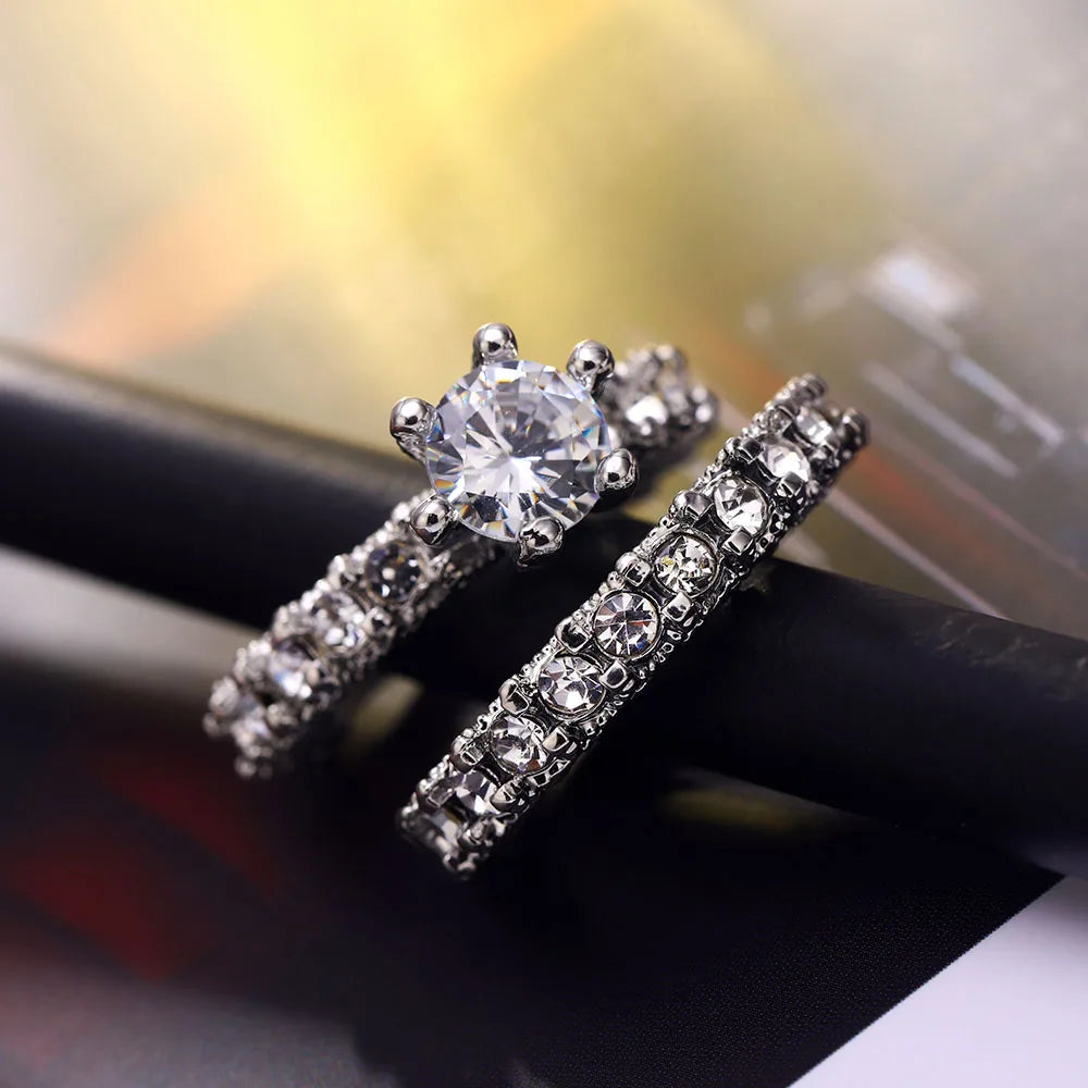 Elegant Zircon Silver Wedding Ring Set f