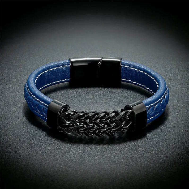 Vintage Leather Gold Stainless Steel Chain Bracelets
