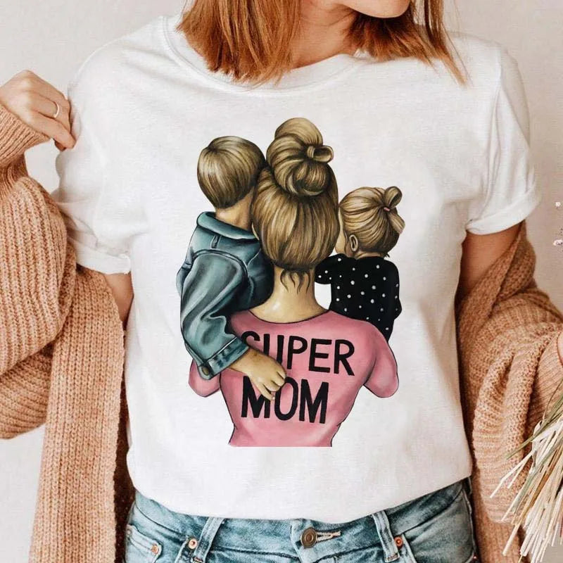 Cartoon Mom Mother Boy Girl Print Mother Lady T-shirts