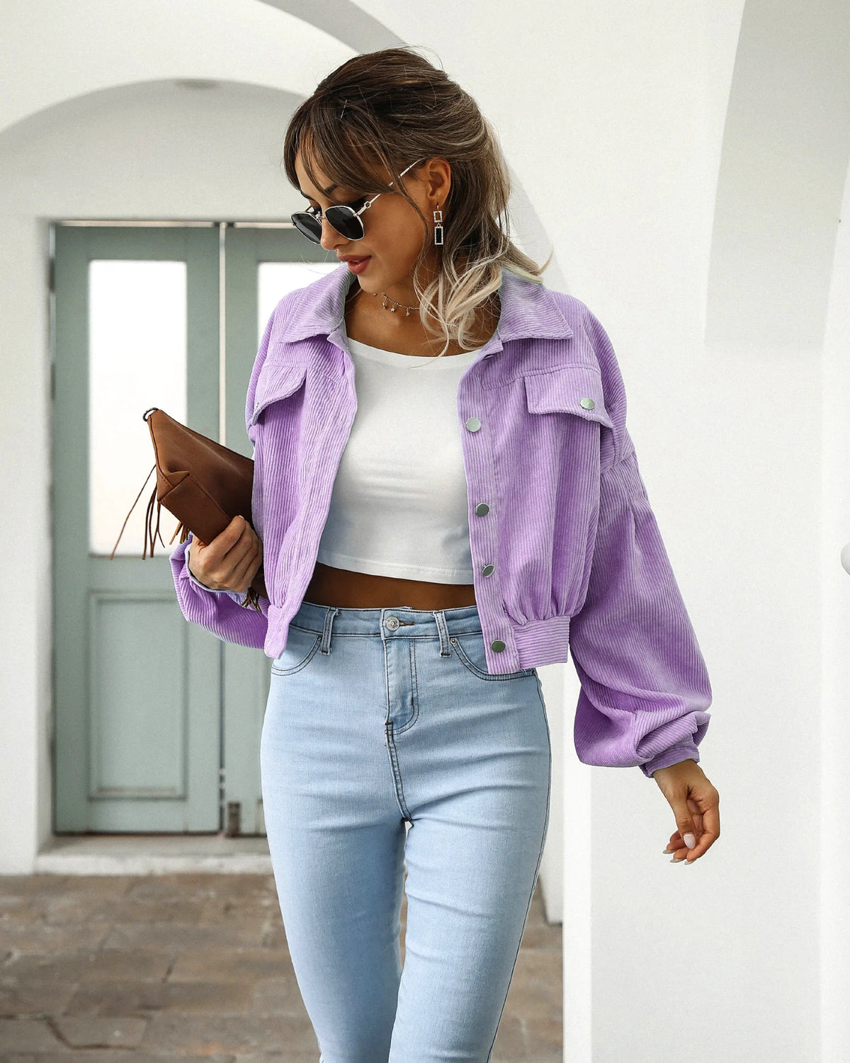 Cropped Corduroy Overcoat Single Breasted Lantern Sleeve Coats Jacket