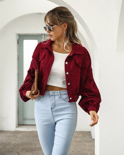Cropped Corduroy Overcoat Single Breasted Lantern Sleeve Coats Jacket