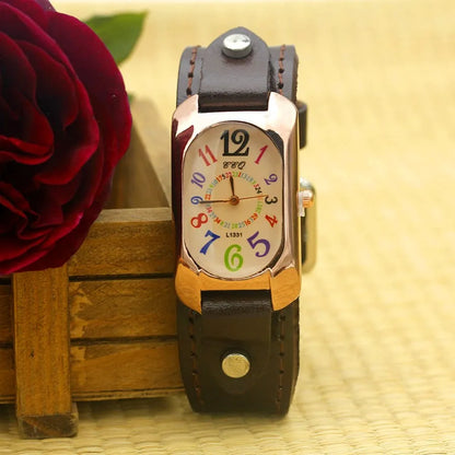 Cow Leather Strap Color Digital Rectangle Bronze Quartz Watch