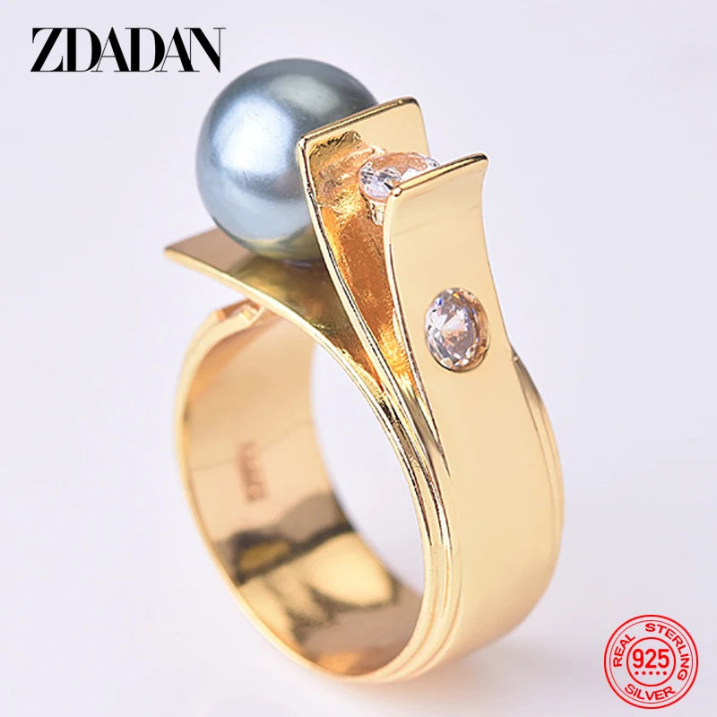 925 Sterling Silver Pearl 18k Gold Charm Finger Rings