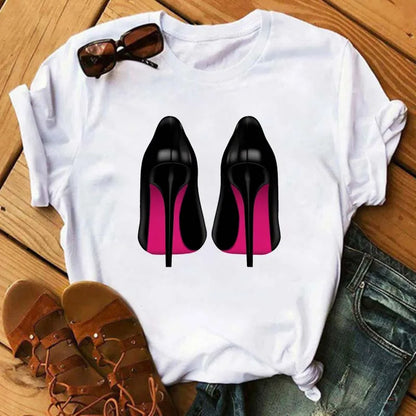 Maycaur Pink High Heels Flowers Bag Print T Shirt