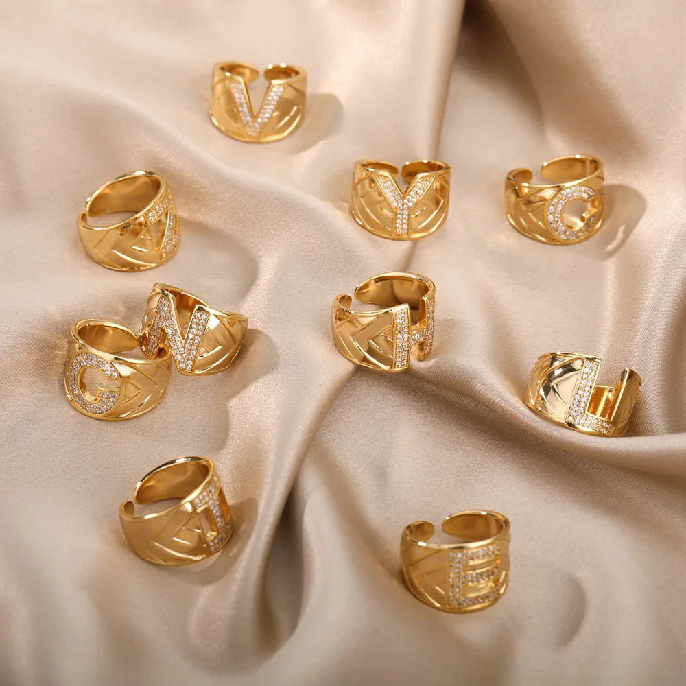 Chunky Wide Zircon Initial Letter Rings