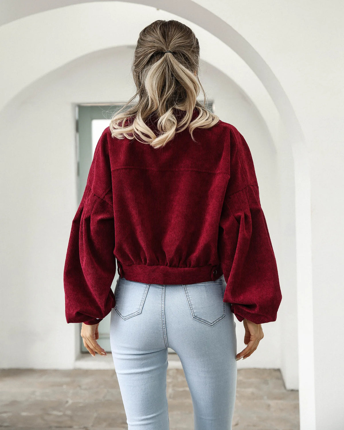 Cropped Corduroy Overcoat Single Breasted Lantern Sleeve Coats Jacket