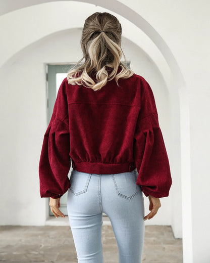 Cropped Corduroy Overcoat Single Breasted Lantern Sleeve Coats Jacket