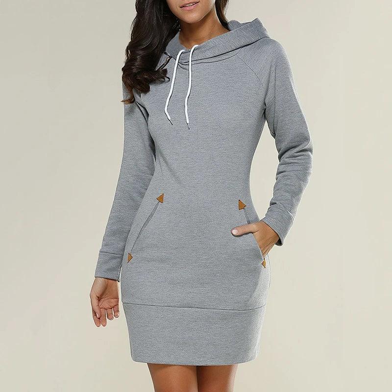 Knee-Length Pockets Warm Sweat Shirt Long Sleeve Dress