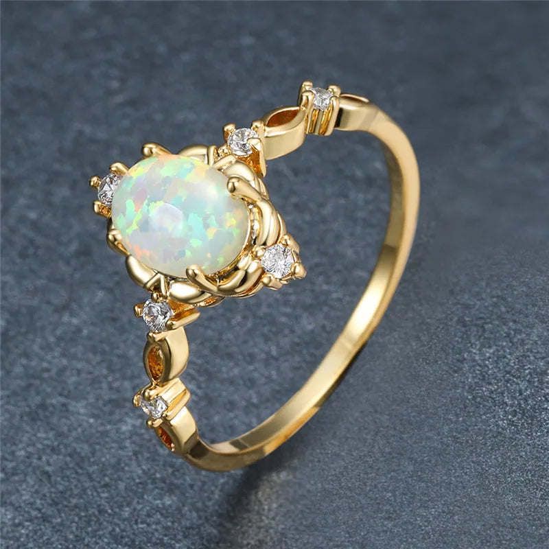 Charm Gold Silver White Opal Oval Stone Crystal Rings