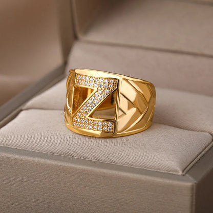 Chunky Wide Zircon Initial Letter Rings