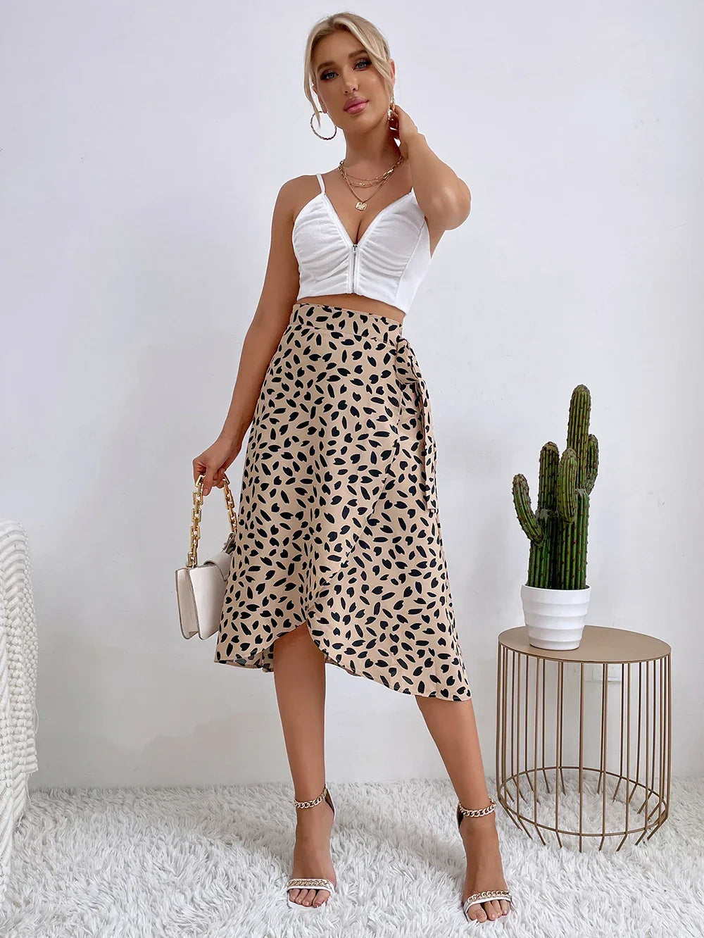Casual Print Tie Side Wrap High Waist Skirts