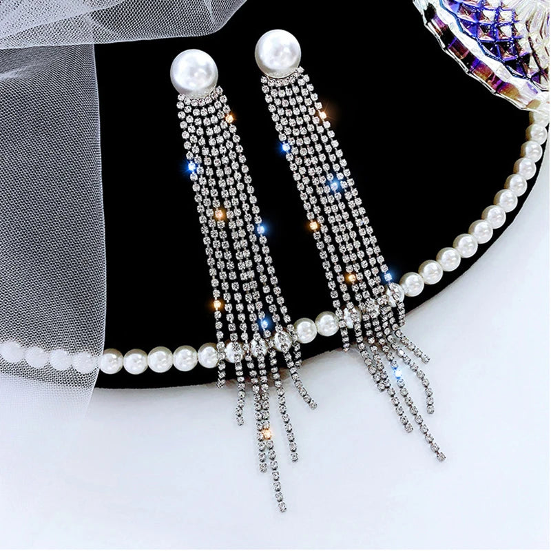Gold Bridal Drop Simulated Pearl Crystal Statement Earrings