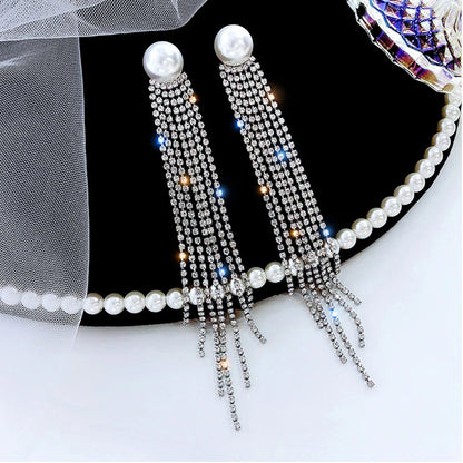 Gold Bridal Drop Simulated Pearl Crystal Statement Earrings