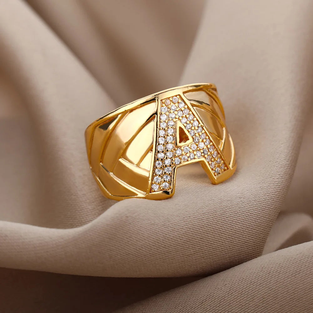 Chunky Wide Zircon Initial Letter Rings