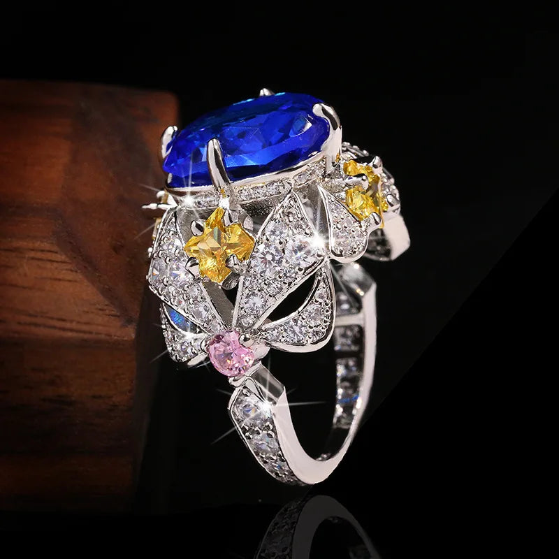 Luxury Big Sapphire 925 Sterling Silver Flower Rings