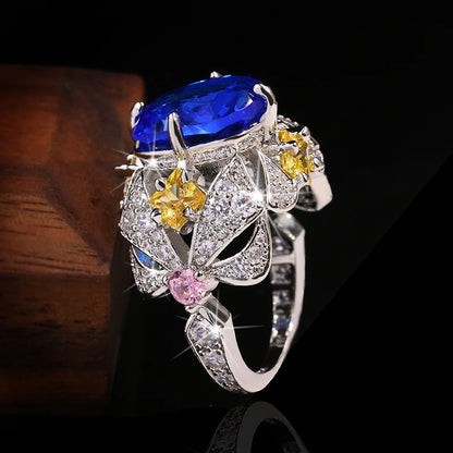 Luxury Big Sapphire 925 Sterling Silver Flower Rings