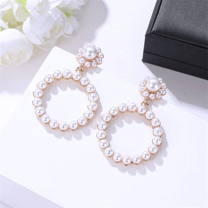 Gold Bridal Drop Simulated Pearl Crystal Statement Earrings