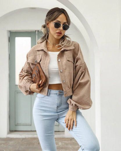 Cropped Corduroy Overcoat Single Breasted Lantern Sleeve Coats Jacket