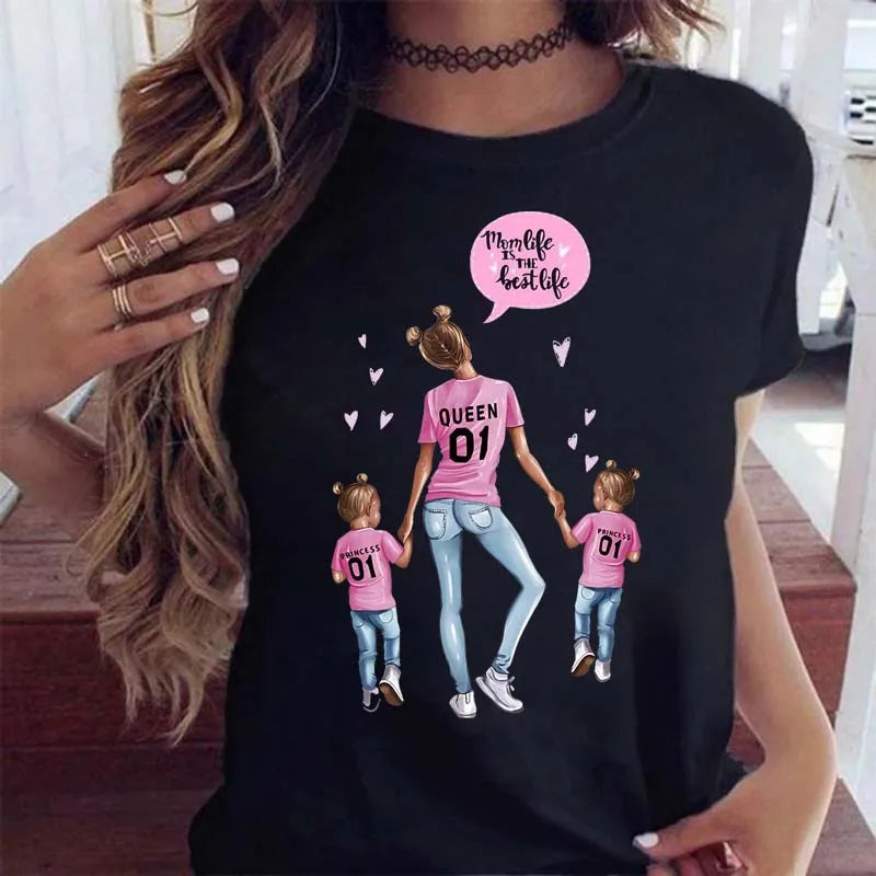 Cartoon Mom Mother Boy Girl Print Mother Lady T-shirts