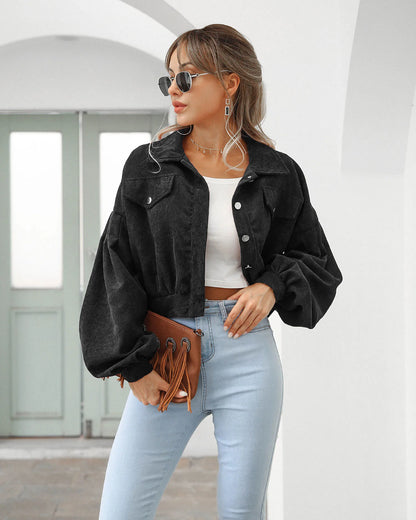 Cropped Corduroy Overcoat Single Breasted Lantern Sleeve Coats Jacket